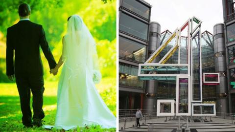 A composite image of a couple at a wedding, and a large 4 outside the offices of Channel 4.