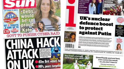 The headline on the front page of the Sun reads: "China hack attack on UK" and the headline on the front page of the i newspaper reads: "UK's nuclear defence boost to protect against Putin"