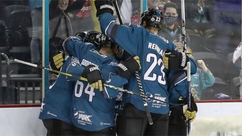 Belfast Giants celebrate victory over Dundee Stars