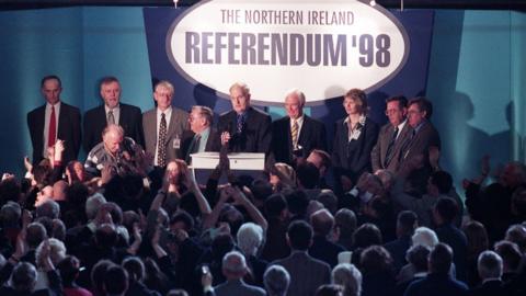 Announcement of the Good Friday Agreement referendum result at the King's Hall