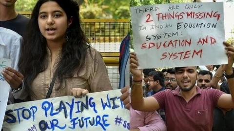 CBSE students protest over the alleged paper leak, at Jantar Mantar in New Delhi, on Thursday. T