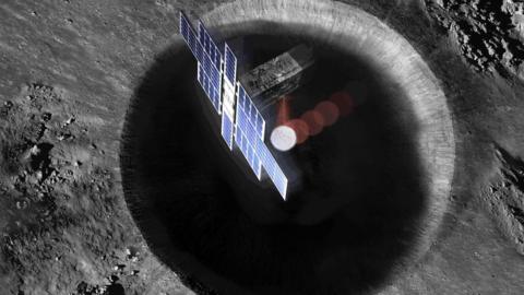 Artist's concept shows a view from above the Lunar Flashlight spacecraft, a six-unit CubeSat