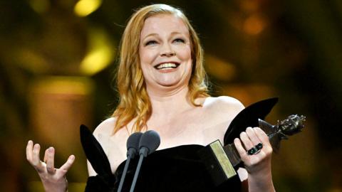 Sarah Snook with the Best Actress award on stage during The Olivier Awards 2024 at The Royal Albert Hall on April 14, 2024 in London, England