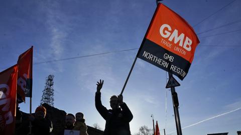 Workers on the picket line outside Gateshead Ambulance Station during a strike by nurses and ambulance staff