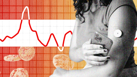 Image of blood sugar graph and woman wearing glucose monitor on her arm