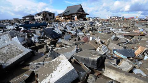 An earthquake-struck temple in Miyagi, Japan