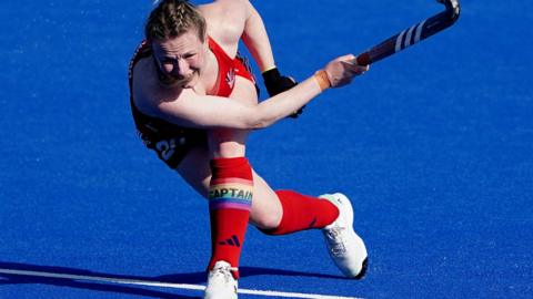 Great Britain's Hollie Pearne-Webb strikes the ball during a FIH Hockey Pro League women's match in May 2023