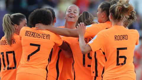 Players from the Netherlands celebrate after scoring against Portugal at Euro 2022