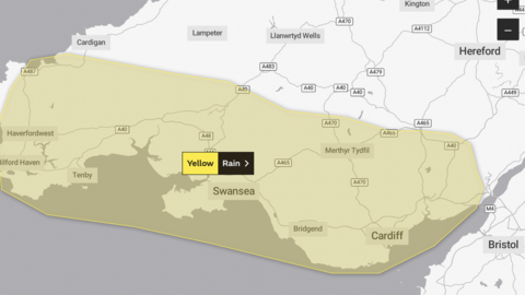 Map showing yellow weather warning covering South Wales