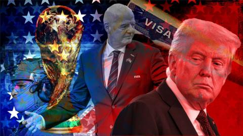A compilation image of US president Donald Trump, Fifa president Gianni Infantino, a US tourist visa, and an ICE officer, beneath a motif of the American flag