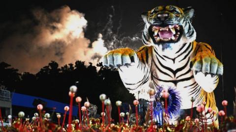 Giant tiger float during Carnival parade