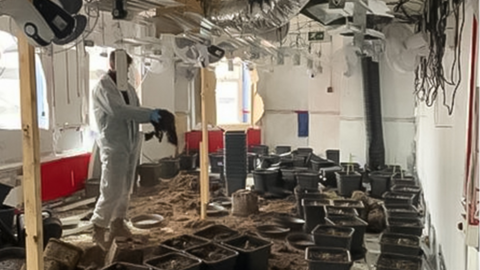 man in a white forensic holding a handful of dirt in a room with plant pots and a lot of electrical and pipework hanging from the ceiling