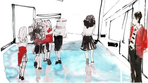 Illustration of students in a school corridor