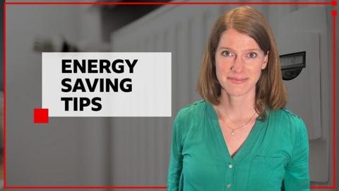 Colletta Smith standing up with gfx text next to her saying energy saving tips