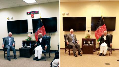 A composite showing Rex Tillerson meeting Ashraf Ghani in photos released by the US and the Afghan government