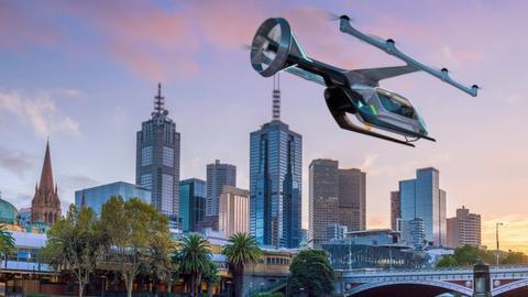 An image of Uber's flying taxi against the Melbourne skyline