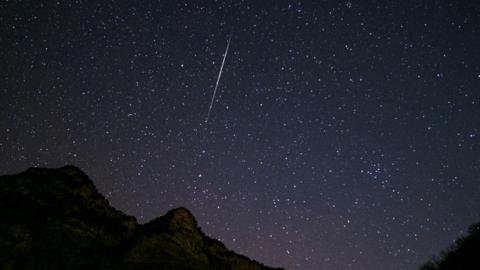 Starry night sky with a shooting star of the Geminid meteor shower