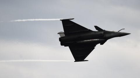 A French military plane Rafale, pictured here in 2018, was dispatched in Paris on Tusday