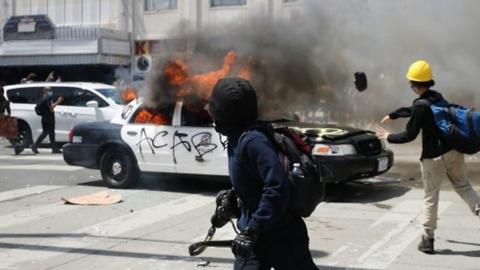 Police car on fire in Los Angeles