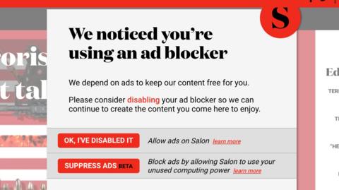 Salon prompts readers to make a choice between viewing ads or mining cryptocurrency