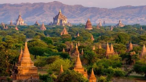 Sunrise landscape view with silhouettes of old temples, Bagan, Myanmar