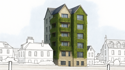 A photorealistic illustration of a tall residential block of flats with ivy over it. Sketches of shorted houses and shops are next to it.