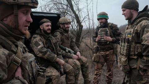 Members of Ukraine's Armed Forces 80th Separate Air Assault Brigade at their position near the frontline city of Bakhmut, eastern Ukraine