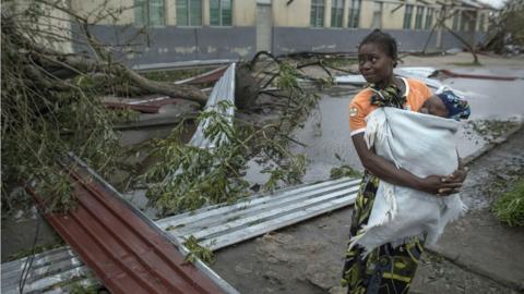 A secondary school in the village of Inhamizua, Mozambique, is being used as an emergency shelter for local residents. 16 March 2019