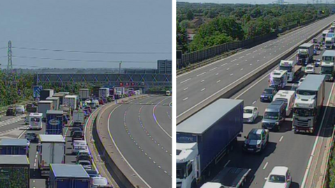 A composite of two images showing congestion on the M6 after an accident.