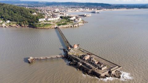 An aerial shot of Weston-super-Mare showing Birnbeck Pier in the foreground