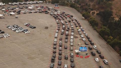 Queue of cars at Dodger Stadium in Los Angeles