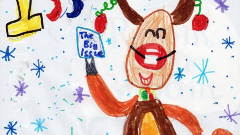 A drawing of Rudolph the Red-Nosed Reindeer wearing a mask and dancing by a 'two metre apart' sign