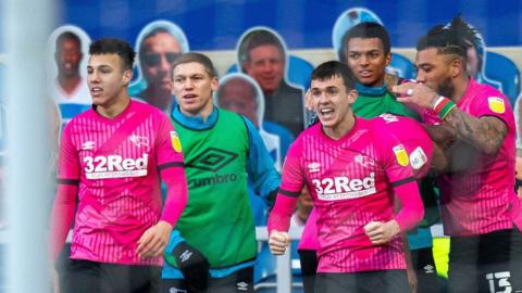 Derby County players celebrate goal by Colin Kazim-Richards against QPR