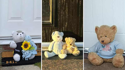 A composite image of three doorsteps with teddy bears placed out front. On the left, there is a white door with a grey and white teddy holding a blue blanket and a sunflower. In the middle, the sun is shining on a black door where a white and brown teddy are placed side by side. On the right is a white door, with a brown teddy placed out front. It is wearing a blue t-shirt.
