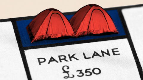 Montage image showing two tents sitting on Park Lane on a Monopoly board