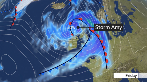 Meteorological pressure chart of the North Atlantic and Europe showing a deep area of low pressure - named Storm Amy - to the west of Scotland on Friday