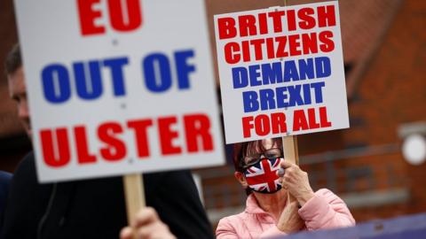 Unionist protesters hold signs which read: "EU out of Ulster" and "British citizens demand Brexit for all"