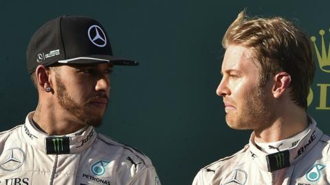 Mercedes F1 driver Lewis Hamilton and Nico Rosberg