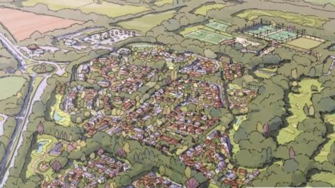 An illustrated aerial view of what the development near Horsham Golf and Fitness could look like. It shows housing and sports facilities. 