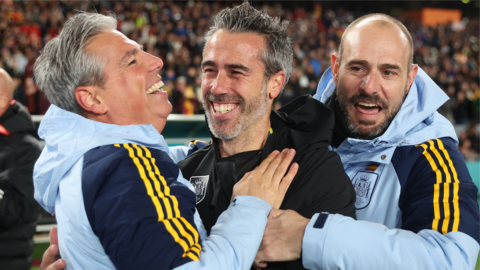 Spain boss Jorge Vilda celebrates his side reaching the Women's World Cup final with his coaching staff