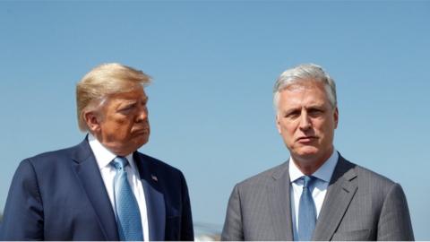 President Donald Trump listens to his newly announced White House national security adviser Robert O"Brien