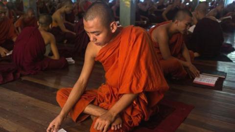 Monks attend class at the Masoeyein Monastery, home of Wirathu, the head of the nationalist Buddhist group in Myanmar on 31 May 2017 in Mandalay, Burma.