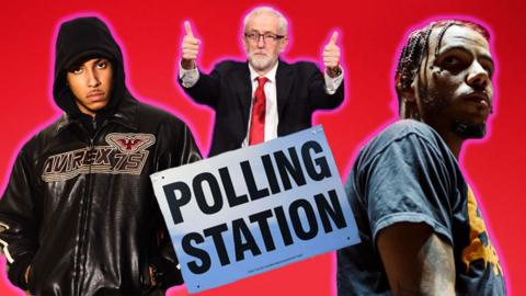 A photoshopped imaged of grime artists Yizzy and AJ Tracey with Jeremy Corbyn