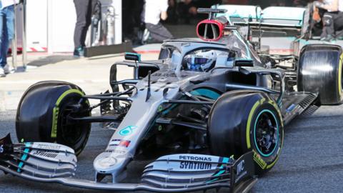 Mercedes F1 driver Valtteri Bottas driving the 2020 car in testing