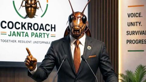 A staged political-style press conference scene featuring a human-like figure with a cockroach head wearing a dark suit and tie, standing behind a sleek podium with microphones. The podium and backdrop display the name “Cockroach Janta Party” alongside a cockroach emblem in orange, white, and green". It has been made using AI