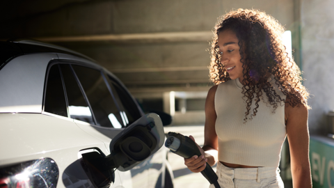 Woman charging electric car