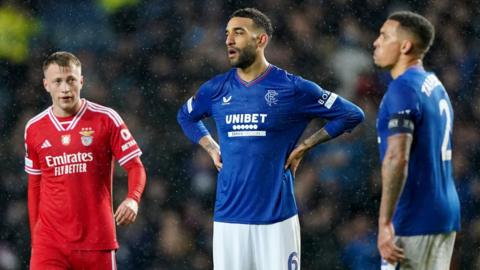 Rangers' Connor Goldson (second right) reacts at full time following the UEFA Europa League Round of 16, second leg match at the Ibrox Stadium, Glasgow.