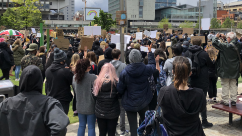 Hundreds of anti-racism protestors in Piccadilly Gardens