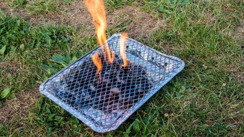 A disposable barbecue on a green