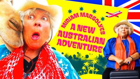 Miriam Margolyes composite image. One one side she's surprised by a camel close to her face. On the right she's holding a suitcase while wearing a sun hat and scarf.

There's an Australian flag behind her and text that reads 'Miriam Margolyes: A New Australian Adventure'